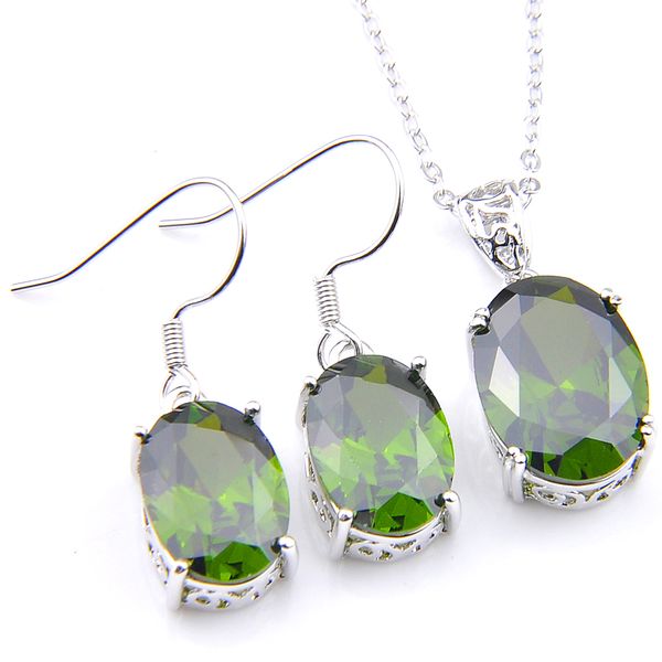 Luckyshine Ellipse Verde Peridot Prata 925 colares de ouro branco pingente conjuntos brincos jóias para embarques Mulheres grátis