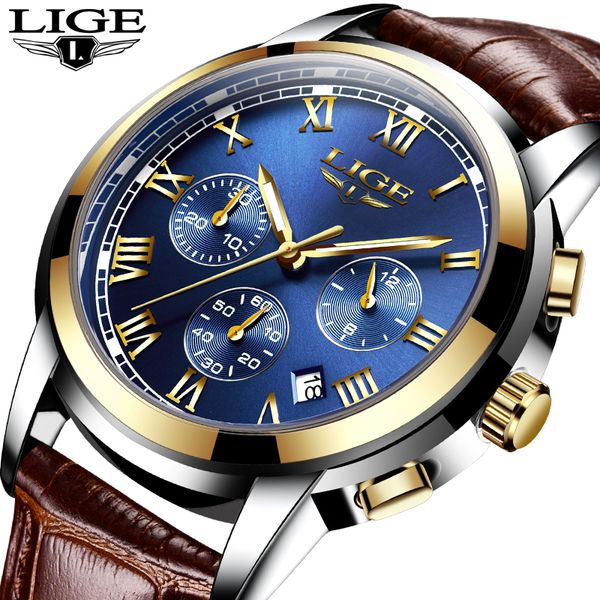 

lige men watches leather business watch male waterproof sport watch men fashion chronograph relogio masculino, Slivery;brown