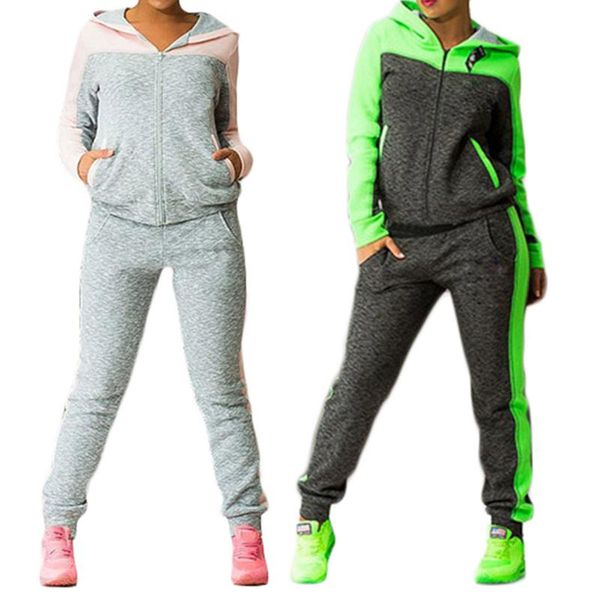 

2018 autumn winter two-piece tracksuit jogging suits for women sport suits patchwork hooded running sets sweat pants, Black;blue