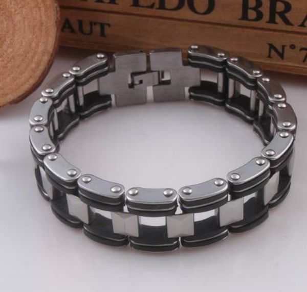 

20mm wide mens stainless steel bracelet with black silicone smt87, Golden;silver