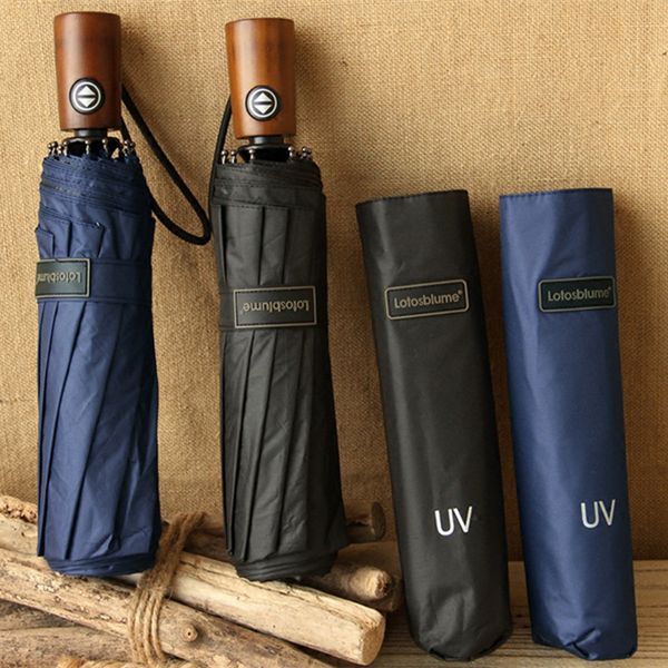 

automatic folding 10k umbrella men black dark blue wood curved handle umbrellas uv parasol sunny and rainy