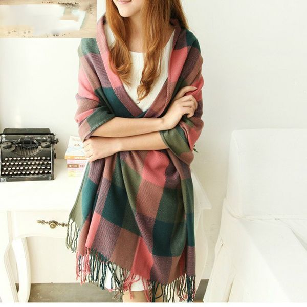 

autumn winter women's plaid scarf spell color plaid girl's long warm scarves shawl female fashion scarf wraps, Blue;gray