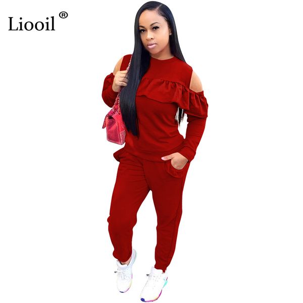 

liooil cold shoulder rompers womens jumpsuit ruffles two piece long sleeve o neck women's overalls casual jumpsuits tracksuit, Black;white