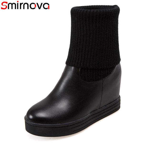 

smirnova 2018 new arrival mid calf boots white black women's winter boots round toe 9cm high heels platform big size 34-43