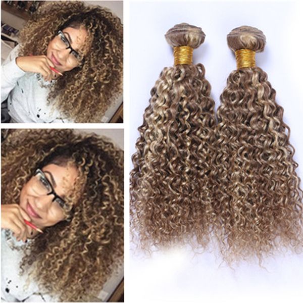 

kinky curly #8/613 brown mixed blonde piano color virgin malaysian human hair bundles 3pcs highglight mix piano color human hair weaves, Black