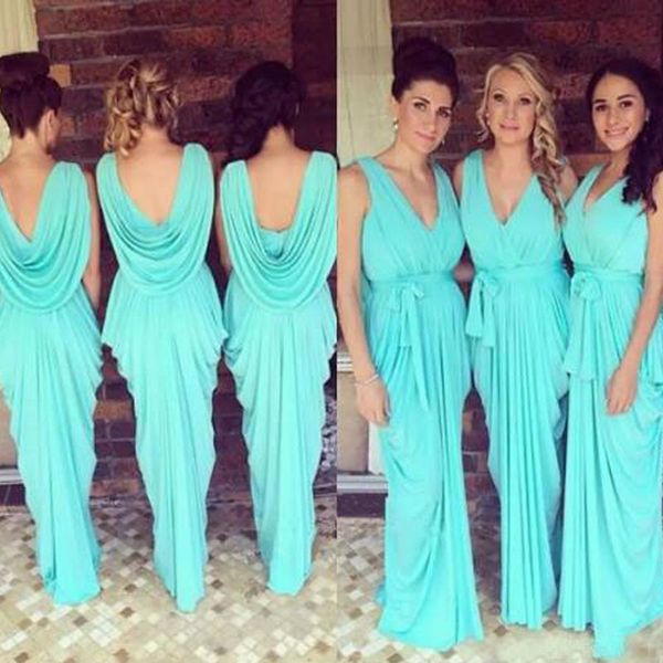

bridesmaid dresses v neck wedding guest wear teal turquoise sky blue chiffon open back floor length ruched maid of honor gowns, White;pink