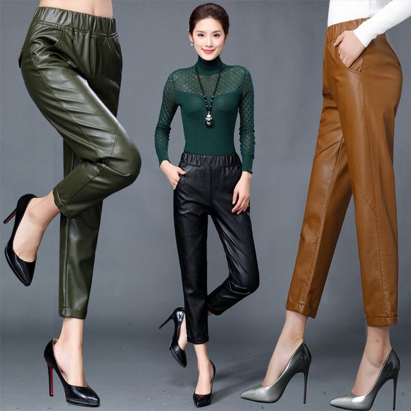 

autumn winter women's genuine leather harlan trouser women harem pant casual leather trousers loose elastic waist capris, Black;white