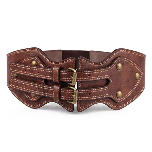

fashion women elastic waist belt double needle buckle stretch waistband strap pu belts female brown corset cincher, Black;brown