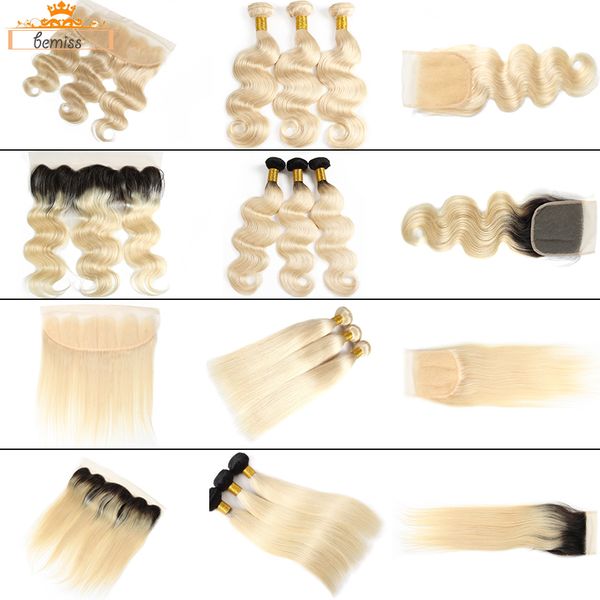 

bemiss hairÂ® brazilian body wave 613 blonde human hair bundles with closure unprocessed virgin hair straight 1b 613 bundles with frontal, Black