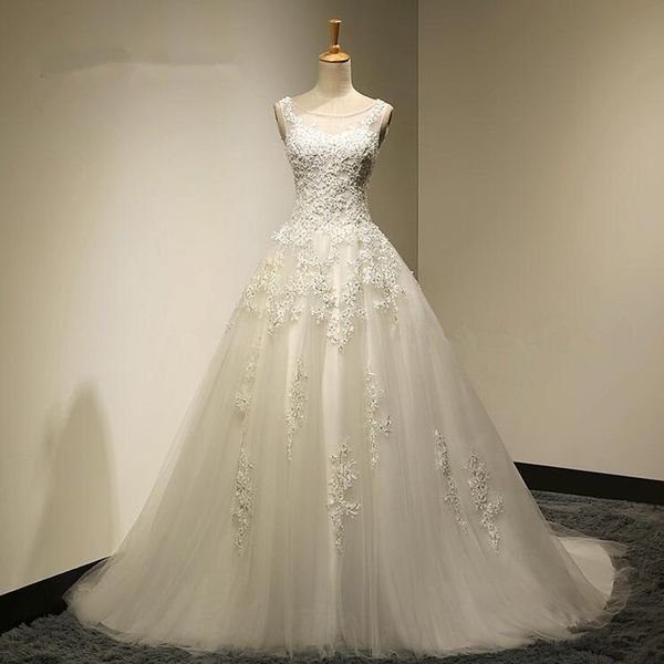 

real image wedding dresses sheer neck sleeveless beaded crystals lace appliques corset back tulle bridal gowns sweep train, White