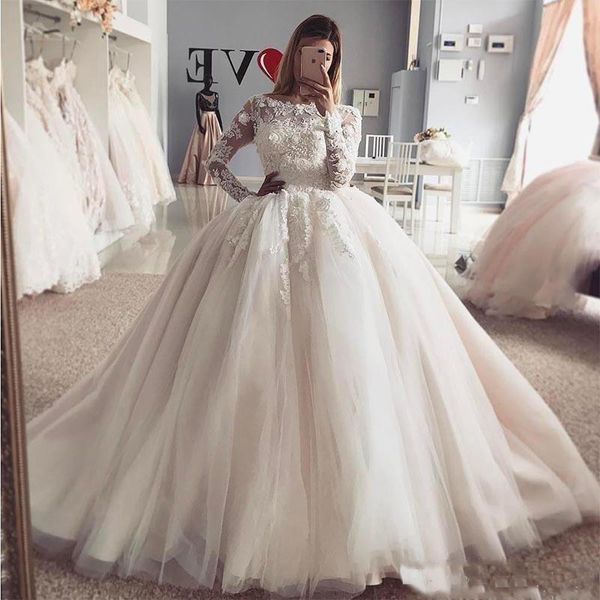 

New Design Princess Ball Gown Wedding Dresses 2019 Vintage Sheer Long Sleeves Appliqued Puffy Tulle Arabic Bridal Wedding Gowns