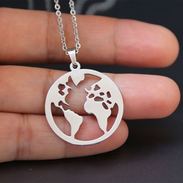 

everfast 10pc/lot one earth stainless steel pendant simple globle world map charms necklaces women men fashion sience jewelry sn162, Silver