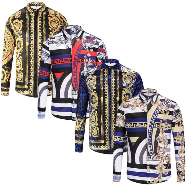 

мода slim fit рубашки мужчины медуза рубашки черное золото цветочный принт мужские рубашки с длинными рукавами бизнес повседневная рубашка м, White;black