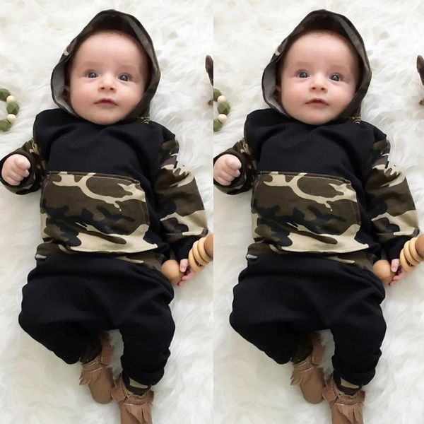 Roupas de bebê Tops com capuz Calças Bebê menino Roupas de camuflagem terno de mangas compridas 2 pcs Set