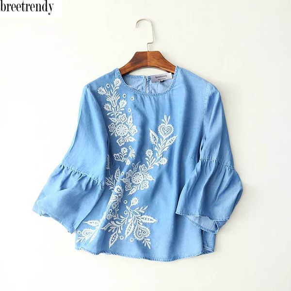 

breetrendy women sweet floral embroidery o neck flare sleeve denim blouse ladies casual match all thin jeans blouses shirt, White