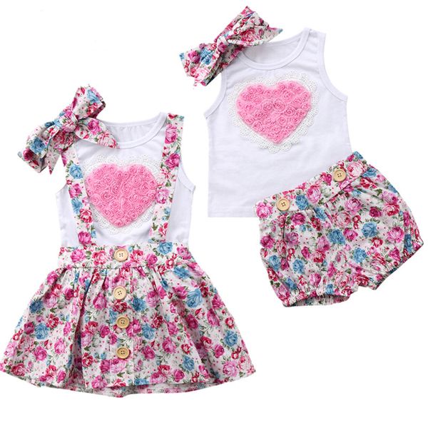 

Новые дети новорожденных девочек сестра платье цветочные наряды одежда футболка + жилет брюки / юбки + повязка на голову 3 шт. Комплект розовое сердце семьи соответствующие одежда