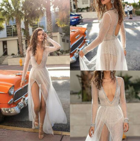 

berta spring 2019 wedding dresses v neck long sleeve bridal gown slit a line beaded beach wedding dress custom made, White