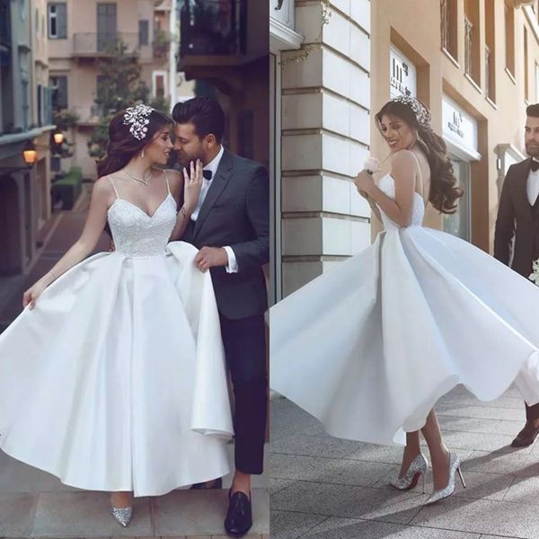 

2018 arabic style lace spaghetti taffeta skirt tea length wedding dresses backless bridal gowns custom made china en12156, White