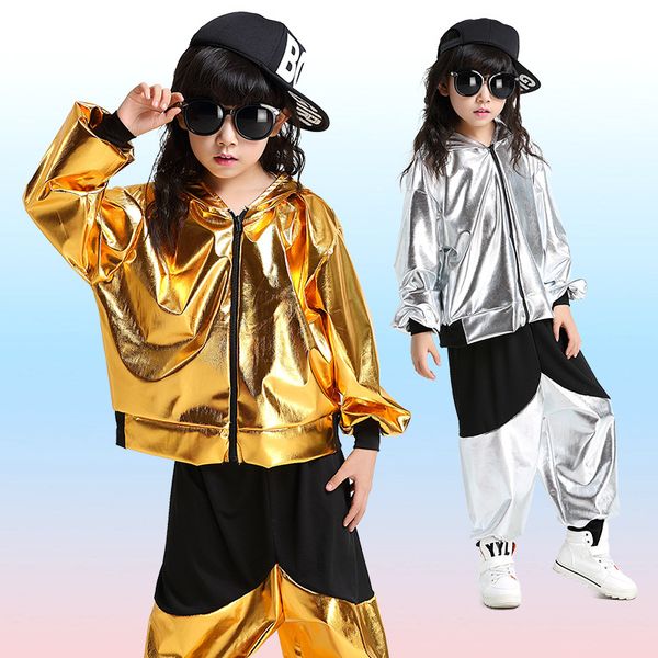 

kids clothes hoodie shirt pants dancing wear girls boys gold silver ballroom jazz hip hop dance competition costume, Black;red