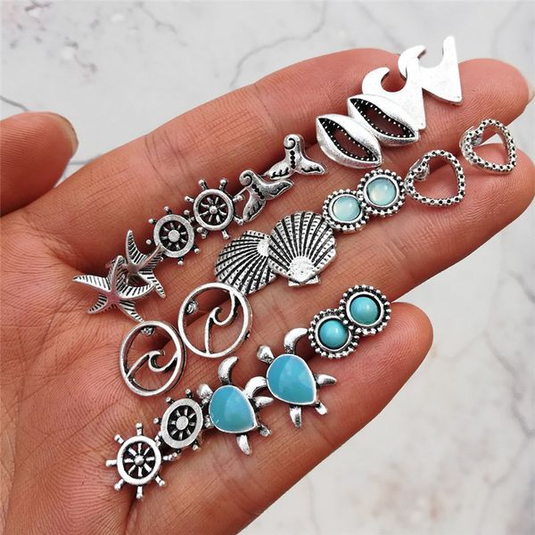 

new bohemian starfish wave turtle shell stud earrings set for women vintage geometric round earring statement jewelry 12pairs set hz, Golden;silver