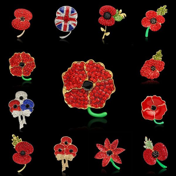 

poppy flower brooch red crystal poppy flower lapel pin gold badge royal british legion brooch for women lady, Gray