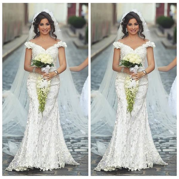 

2021 full lace off the shoulder slim floral mermaid wedding dresses said mhamad elegant bridal gowns plus size fall arabic custom vestidos, White