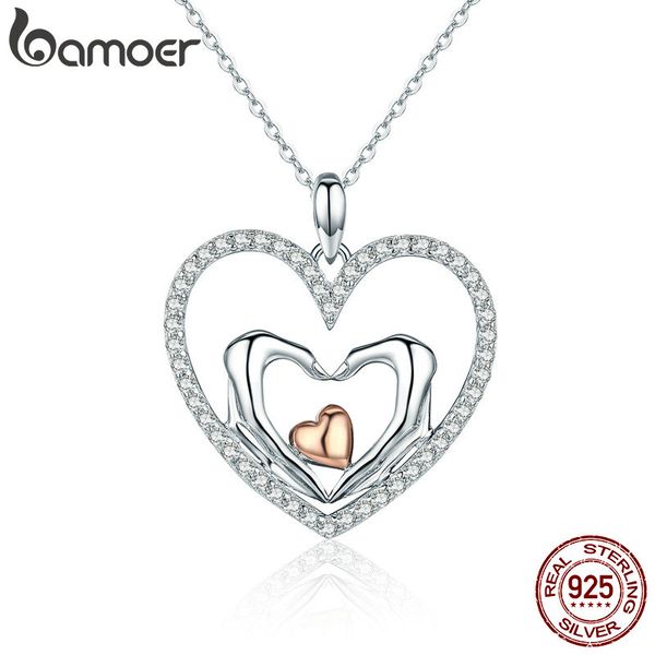 

bamoer new trendy 100% 925 sterling silver romantic heart to heart luminous cz pendant necklaces for women silver jewelry scn248