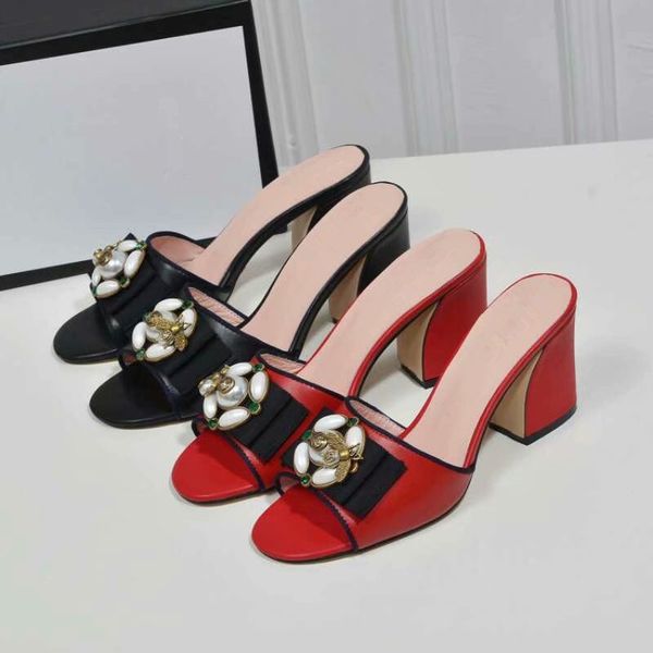 

Women Popular Fashion Summer Comfortable Chunky Heel Holidays Slippers Women Mixed Color Bee Pearl Flower Slippers Ladies Luxury Brand Shoes