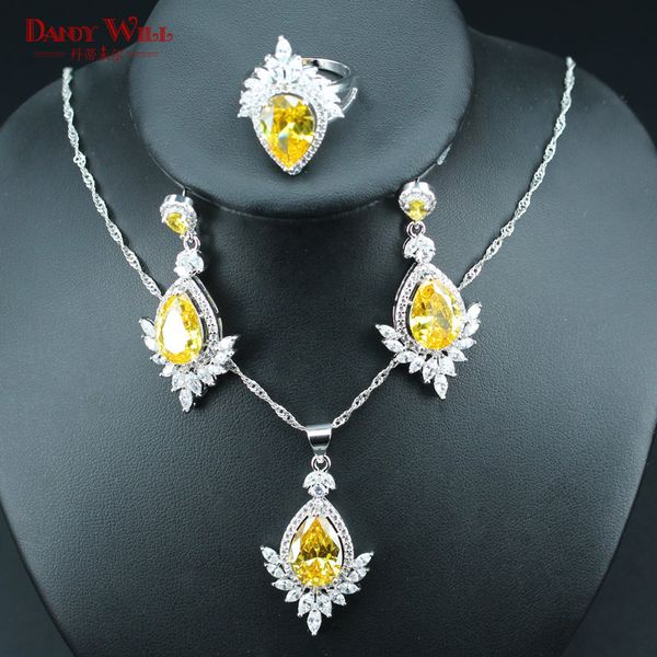 

trendy bridal jewelry sets yellow cubic zirconia for women wedding gift 925 silver color earrings/pendant/necklace/rings, Slivery;golden