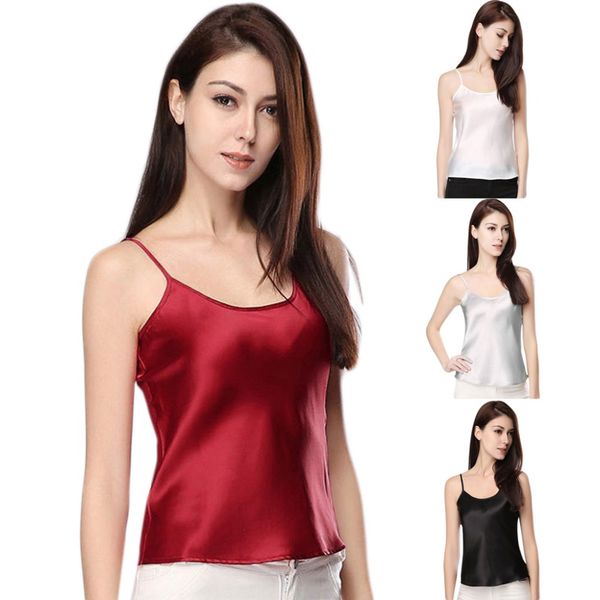 

women summer faux silk sleepwear strappy tank sleeveless solid color smooth vest pajamas, White