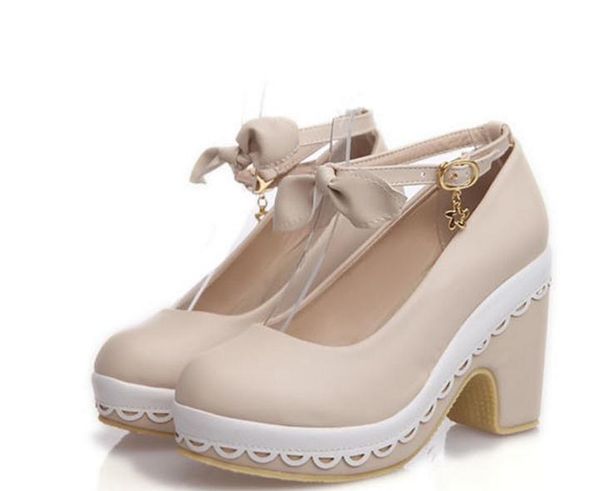 

send 2018 new style coarse heel round head bowknot women single shoes, Black