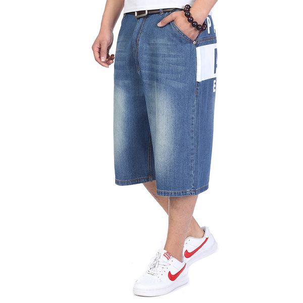 

moto & biker denim shorts jeans men 2017 summer hip hop harlan straight loose man jeans, Blue