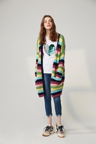 

women fashion rainbow stripe long sleeve v neck wool cardigans, White;black