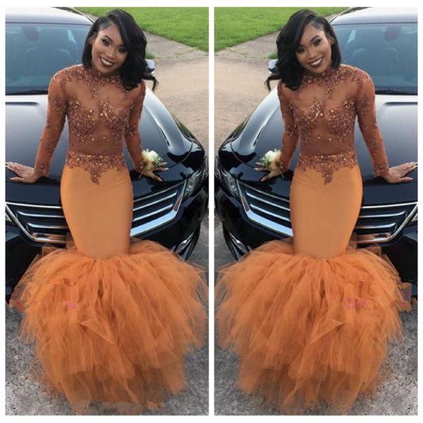 

2021 slim o-neck long sleeves mermaid prom dresses lace appliques sequins long ruched evening gown black girls slim special party gowns