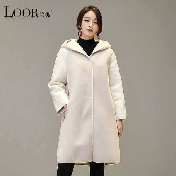 

manteau femme 2017 new white long dress real fur wool coat winter take a hat thick hooded women lamb fur coats, Black