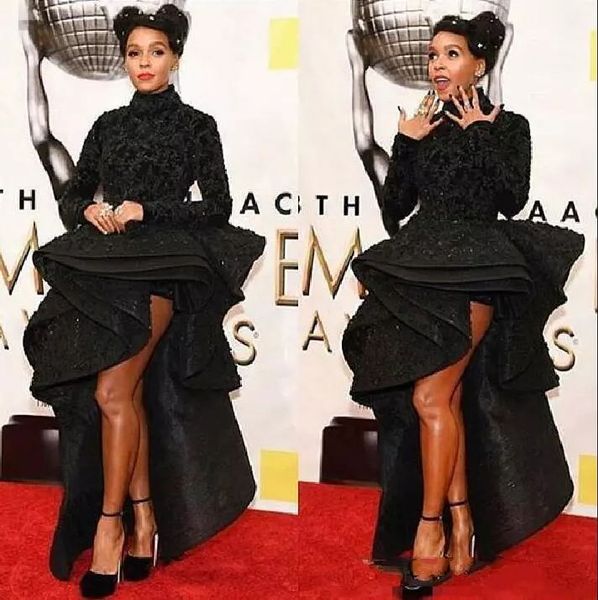 

black hi lo long sleeve evening dresses saudi arabic high neck lace prom dress celebrity 3d appliques formal sequins cocktail party gowns, Black;red