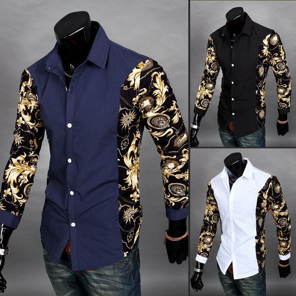 

Autumn Winter Mens Casual Long Sleeve Cotton Shirts Spell Color Shirts Non-iron Slim Fashion Brand Men's Shirts Lapel Black White Blue M-XXL