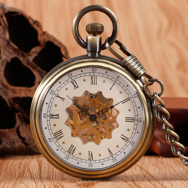 

antique mechanical pocket watch pendant copper roman numbers fob clock hand winding women men watches flower dial gift, Slivery;golden