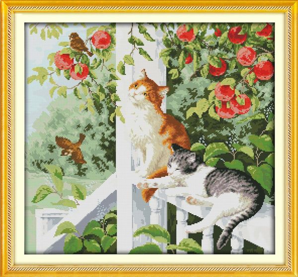 Dois gatos flores animais jardim decoração pinturas, artesanal cruzar ferramentas de artesanato bordado bordado conjuntos de bordados contados Impressão sobre Canvas DMC 14CT / 11CT