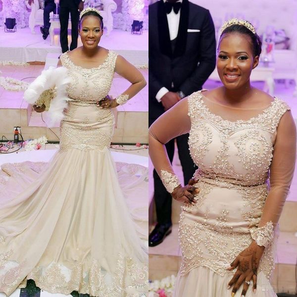 

african plus size wedding dresses without cape lace appliques sheer neck beads mermaid wedding dress lace up back long sleeves bridal gowns, White