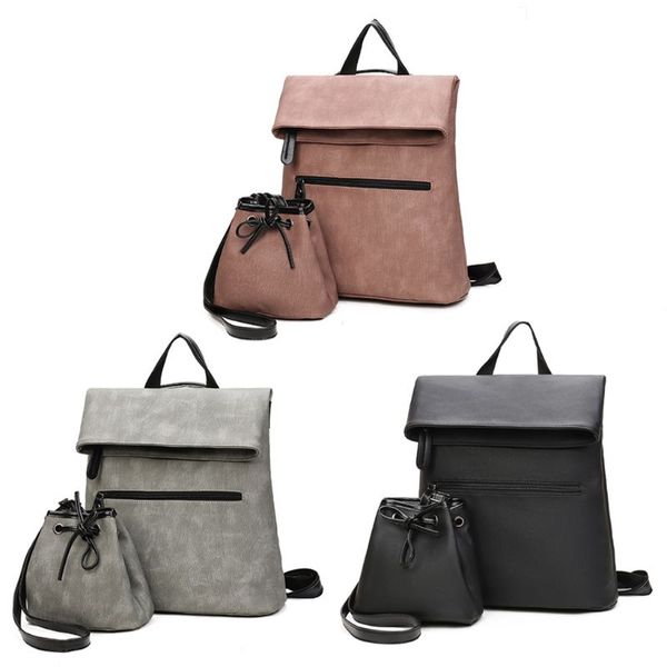 

women multi-use pu leather 2pcs backpack bucket shoulder crossbody bag schoobags