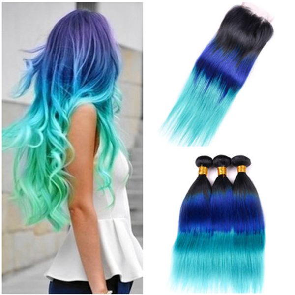 Virgin peruviana 1B blu teal tessuto ombre capelli con bundle 4x4 chiusura pizzo corpo onda blu Teal tre toni ombre estensioni dei capelli umani