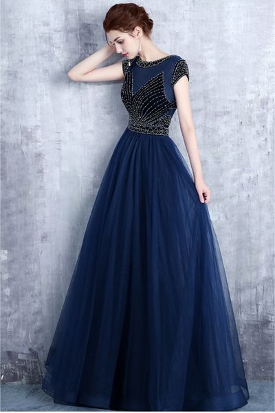 

beaded tulle evening dresses with bateau neck 2019 short sleeves prom gowns floor length party dress, Black;red
