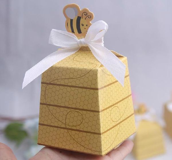 

100 pcs european yellow bee style baby shower birthday party wedding favors candy boxes gift box with white ribbons