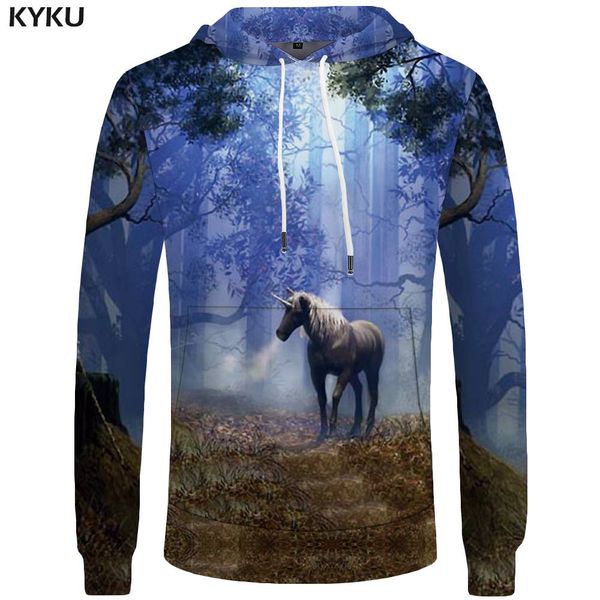 

kyku unicorn hoodies men forest 3d hoodies grass mens clothing big size pocket sweatshirt hoddie cool hip hop casual, Black