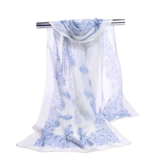 Женщины бандана Foulard синий и белый фарфор шифон лето пляж шарф длинный хиджаб Шаль обертывание 50 * 160 см