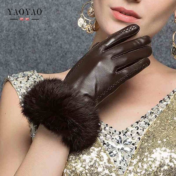 YY8882 Winter  Fur Genuine Leather Gloves Women Feminino Real Sheepskin Finger Black/Brown Motorcycl Mittens Guantes Mujer