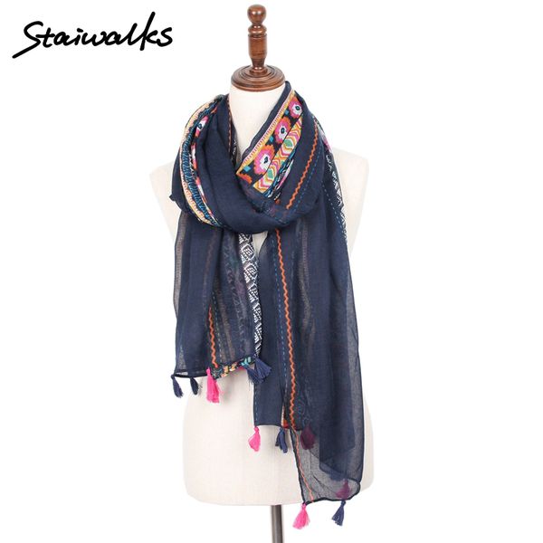 

staiwalks fashion polyester vintage tassel scarf with geometric tribal flower print for women nice quality shawl free shipping