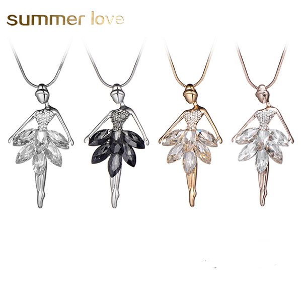 

fashion cute ballet girls dancer pendant necklace austria crystal rhinestone necklace long chain statement jewelry gift women collares 2018, Silver
