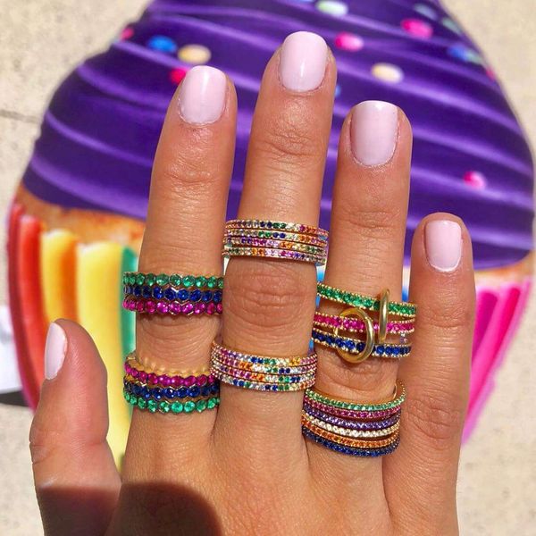 

3 pcs cz eternity band stack stacking ring set mix red green blue engagment band gold plated fashion women full finger ring jewelry